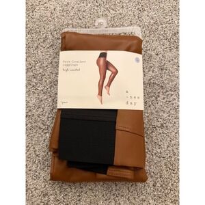 A New Day Womens High Waisted Faux Leather Leggings Dark Brown Cognac Size L NEW